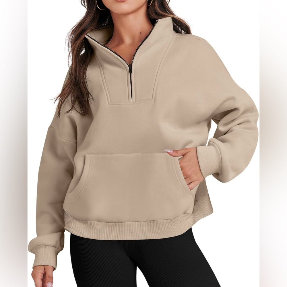 Women’s Tan Half Zip Oversized Cropped Sweatshirt Sz L